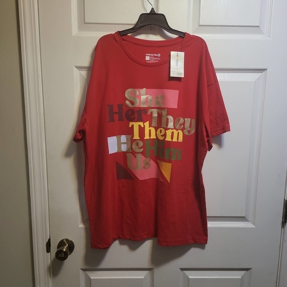 NWT Take Pride Red Pronouns T-shirt, Size Large
